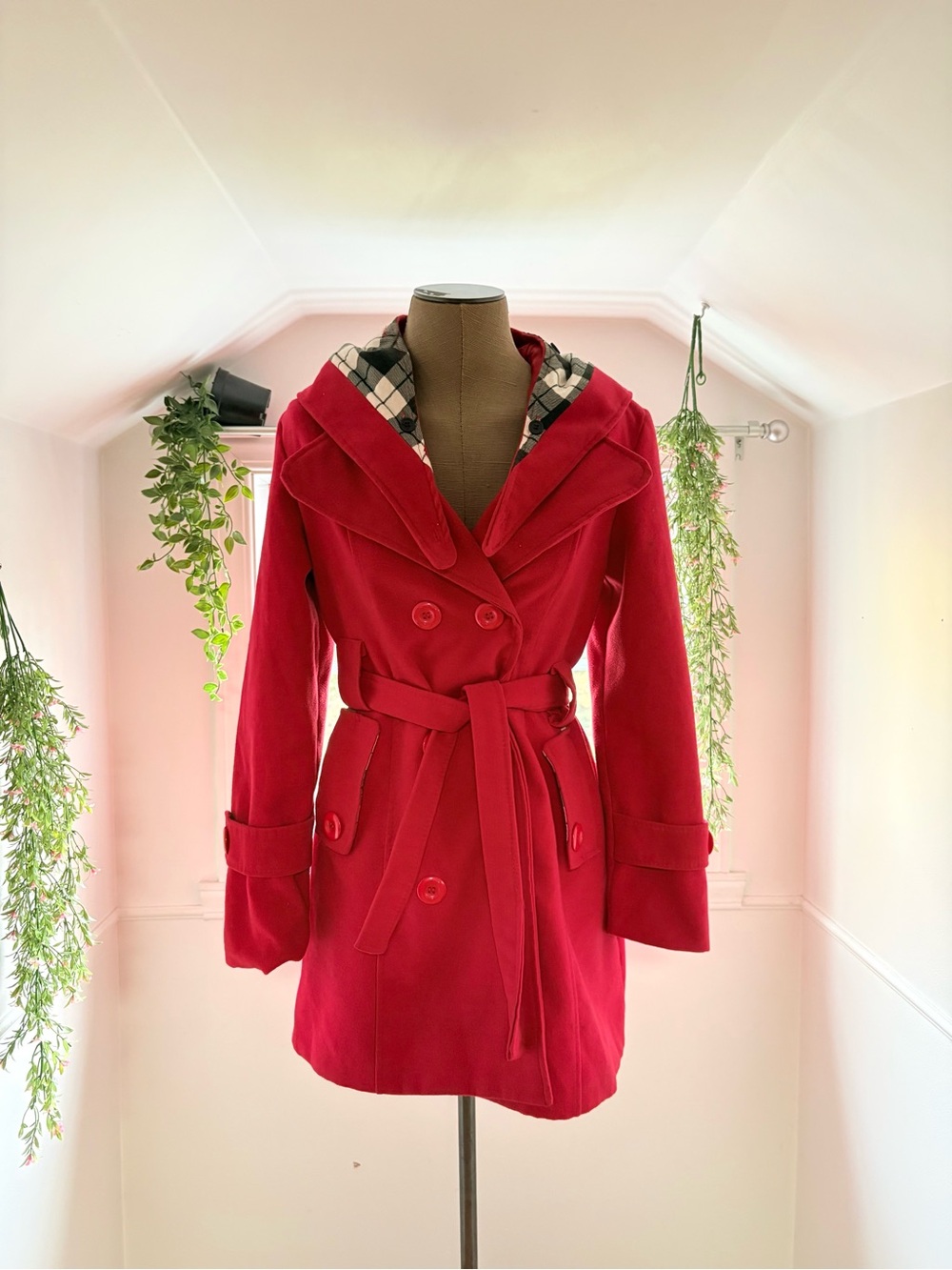 Red Double-Breasted Hooded Belted Coat
